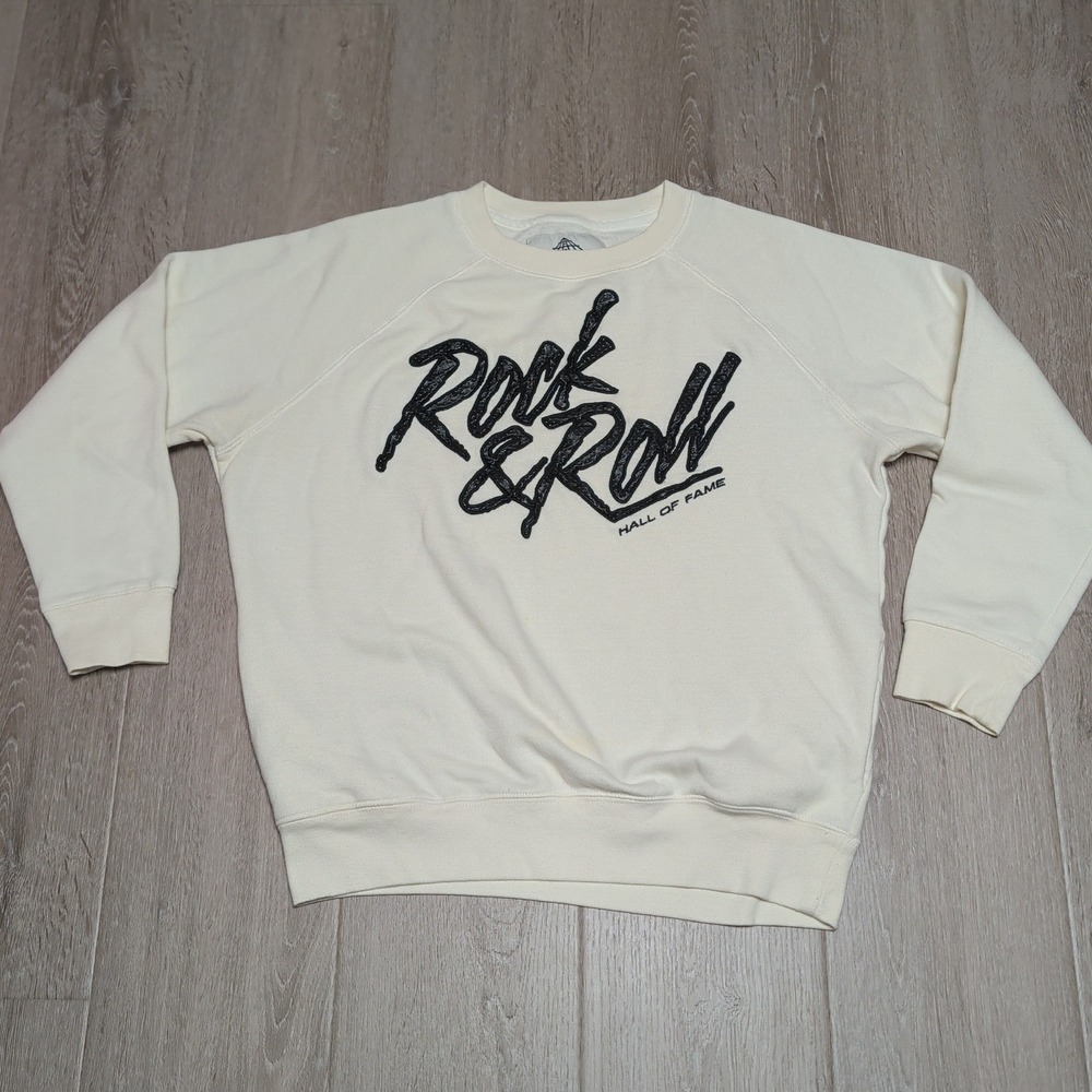 Rock & Roll Hall of Fame Sweatshirt Mens S Fits M Cream Puff Print‎ Pockets 2016